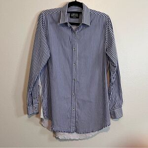 Women’s Shirt Sz M Blue White Stripes Front Christian Psalms Pearl Button-down